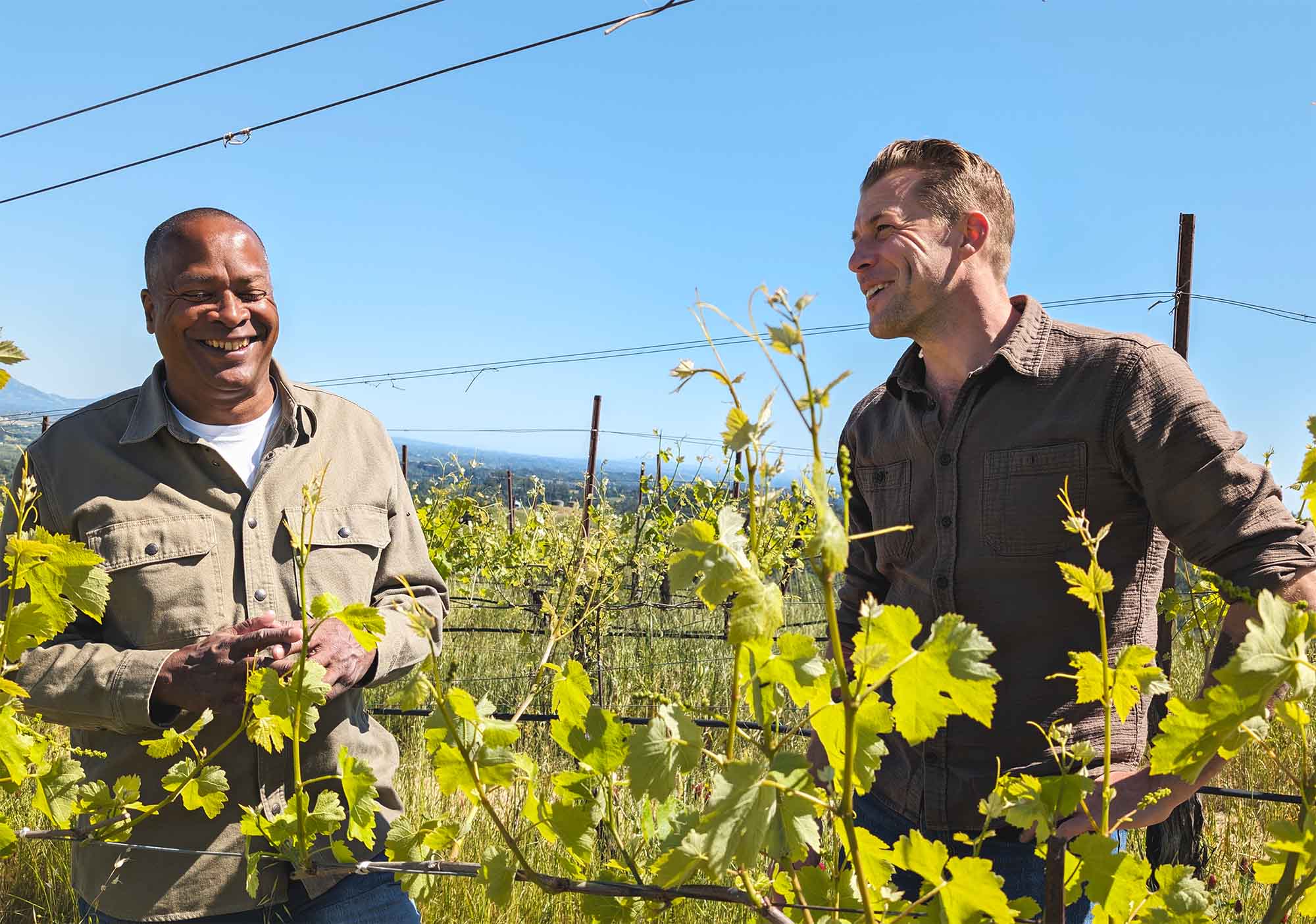 Former Google exec David Drummond (left) and grower-producer Sam Bilbro (right) in a Nebbiolo patch at Drummond's Las Cimas vineyard in Sonoma's Russian River Valley