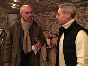 Collector Edmond Asseily (right) with Domaine de la Romanee-Conti codirector Aubert de Villaine in the barrel cellar                                                                (Robert Camuto)