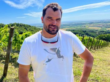 Rocco Toscani's t-shirt bears the family estate's first logo and the label for a pet-nat wine called Lolí; the Appaloosa with wings represents when his father decided to import the breed into Italy, bringing the first horse over by plane.                                                                (Robert Camuto)