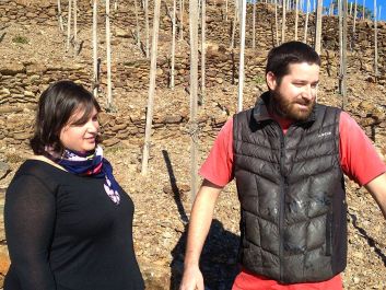 elise Gaillard and Florian Kesteloot survey Domaine Madeloc's dry, rocky vineyards.                                                                (Robert Camuto)